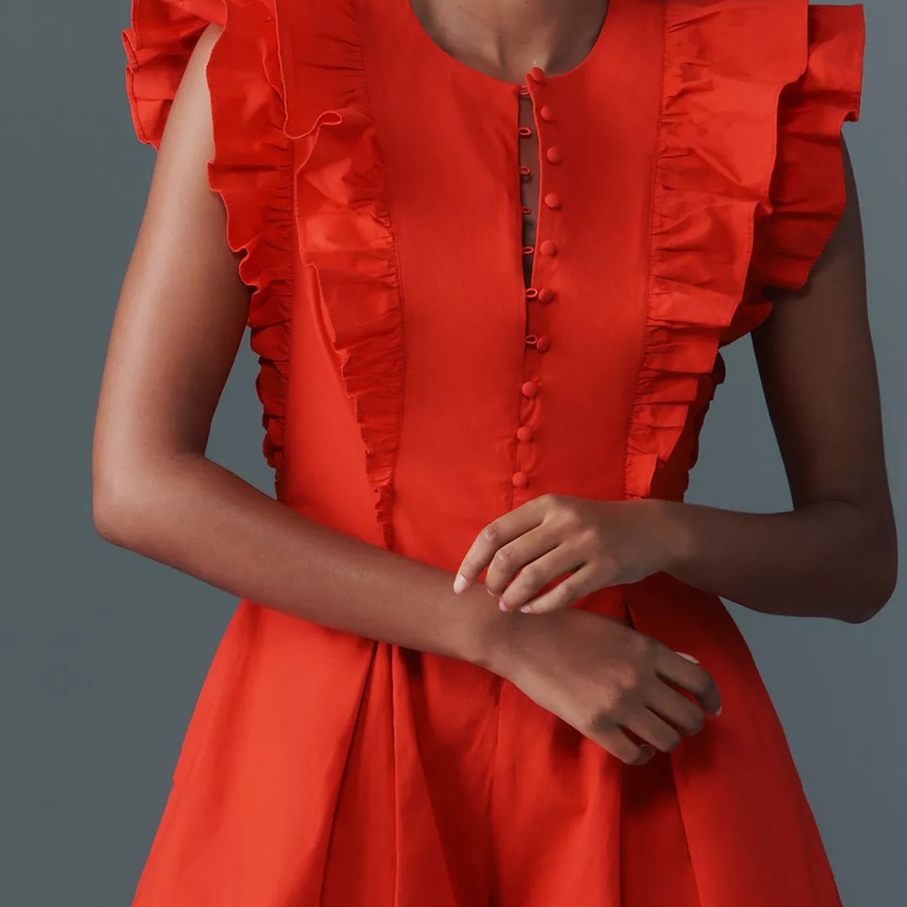 Anthropologie Maeve Ruffle-Sleeve Romper Vibrant Red Hot Ruffle Mini Dress, S